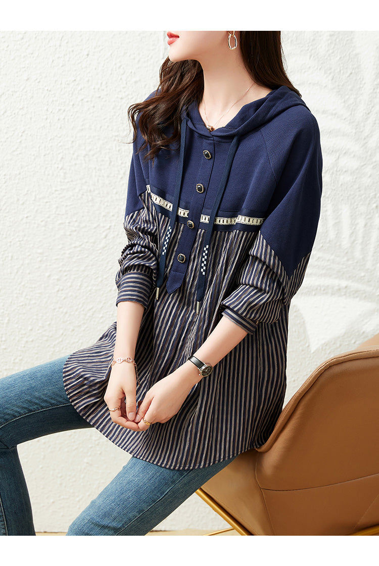 Plus Size Stripe Pattern Hoody Long Sleeve Top