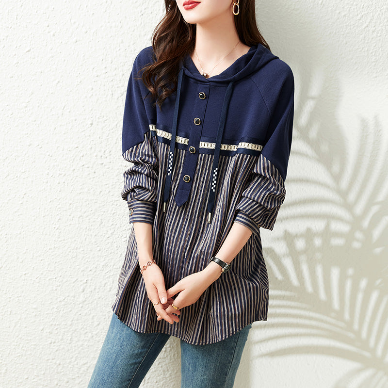 Plus Size Stripe Pattern Hoody Long Sleeve Top
