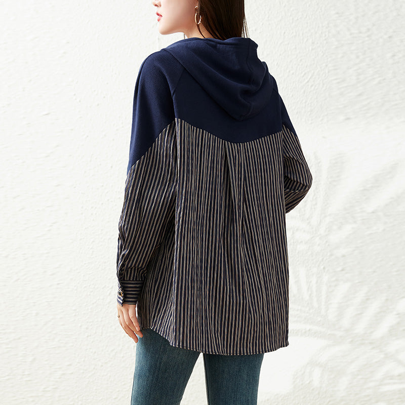 Plus Size Stripe Pattern Hoody Long Sleeve Top