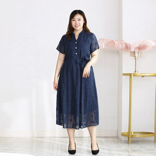(4XL-10XL) Plus Size Blue Floral Lace Midi Dress (EXTRA BIG SIZE)