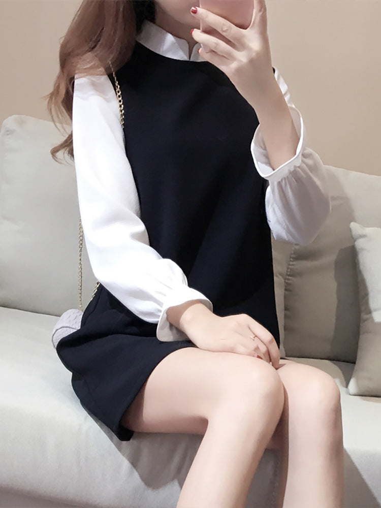 Plus Size Korean Monochrome Long Sleeve Dress