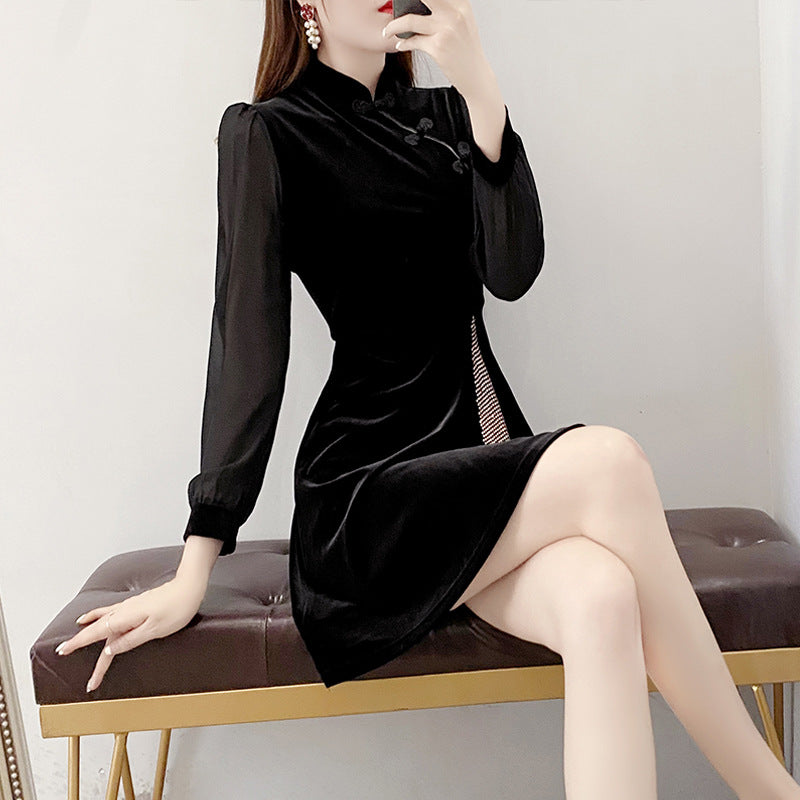 Plus Size Velvet Bronze Sequins Cheongsam Long Sleeve Dress