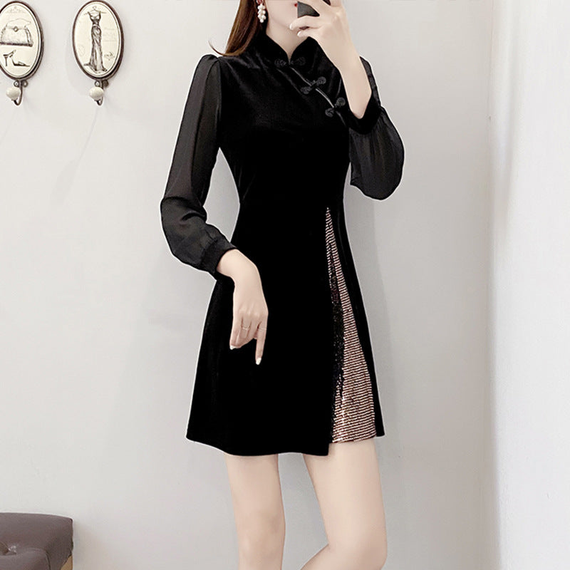 Plus Size Velvet Bronze Sequins Cheongsam Long Sleeve Dress