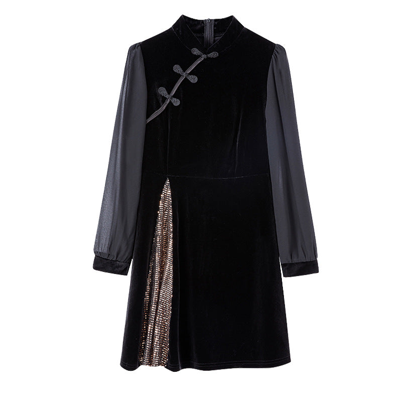 Plus Size Velvet Bronze Sequins Cheongsam Long Sleeve Dress