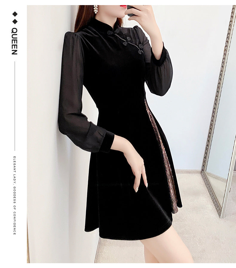 Plus Size Velvet Bronze Sequins Cheongsam Long Sleeve Dress