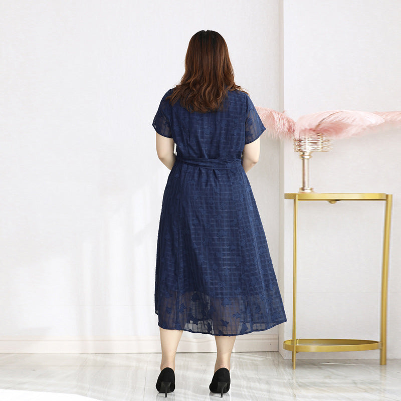(4XL-10XL) Plus Size Blue Floral Lace Midi Dress (EXTRA BIG SIZE)