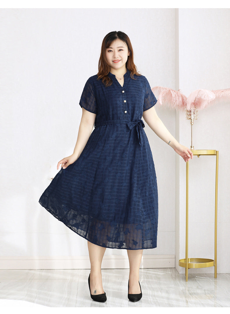 (4XL-10XL) Plus Size Blue Floral Lace Midi Dress (EXTRA BIG SIZE)