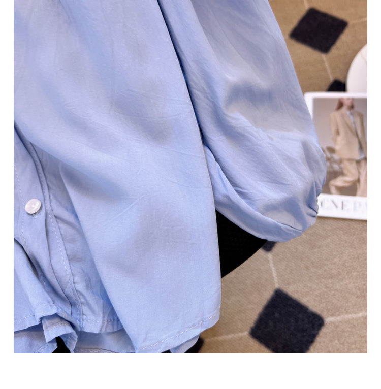 Plus Size Korean Blue Buttons Long Sleeve Shirt Blouse