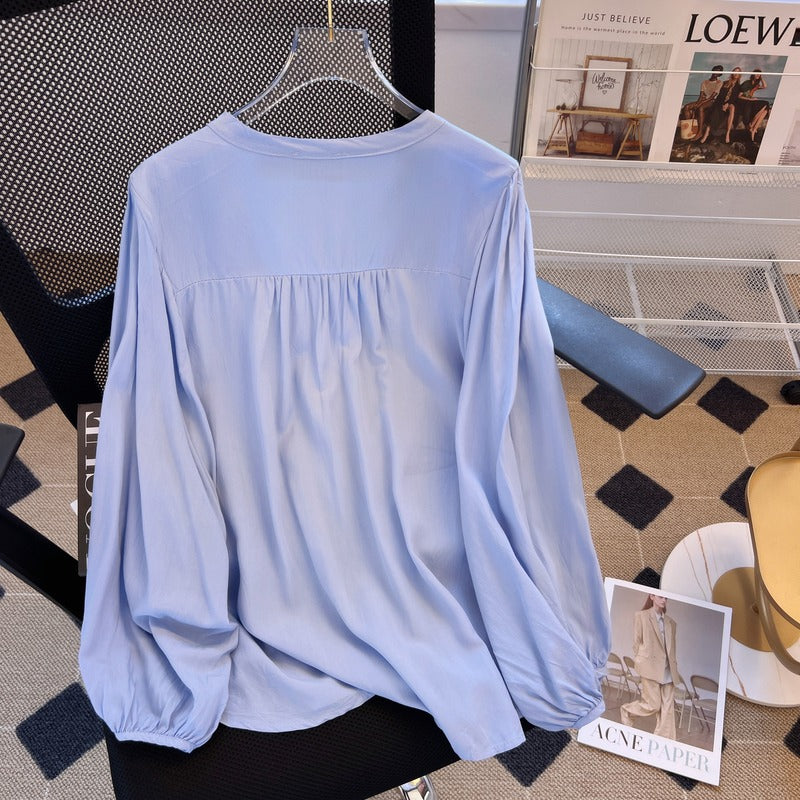 Plus Size Korean Blue Buttons Long Sleeve Shirt Blouse