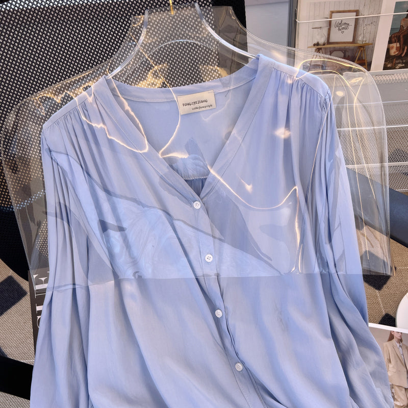 Plus Size Korean Blue Buttons Long Sleeve Shirt Blouse