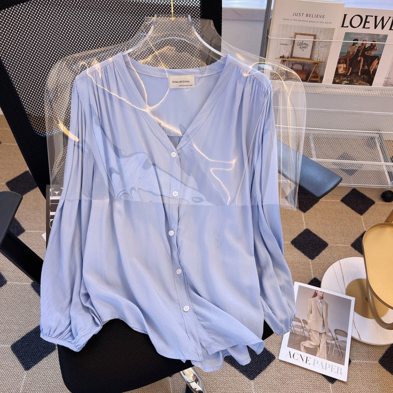 Plus Size Korean Blue Buttons Long Sleeve Shirt Blouse