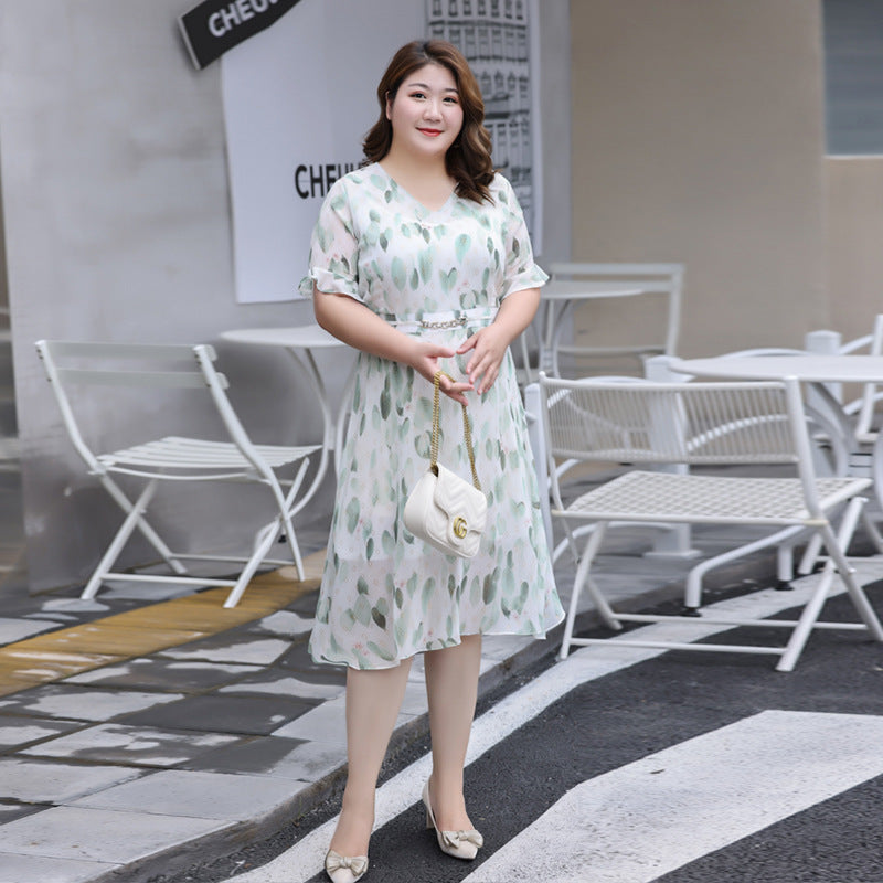 (XL-7XL) Plus Size Leaf Chiffon Midi Dress (EXTRA BIG SIZE)