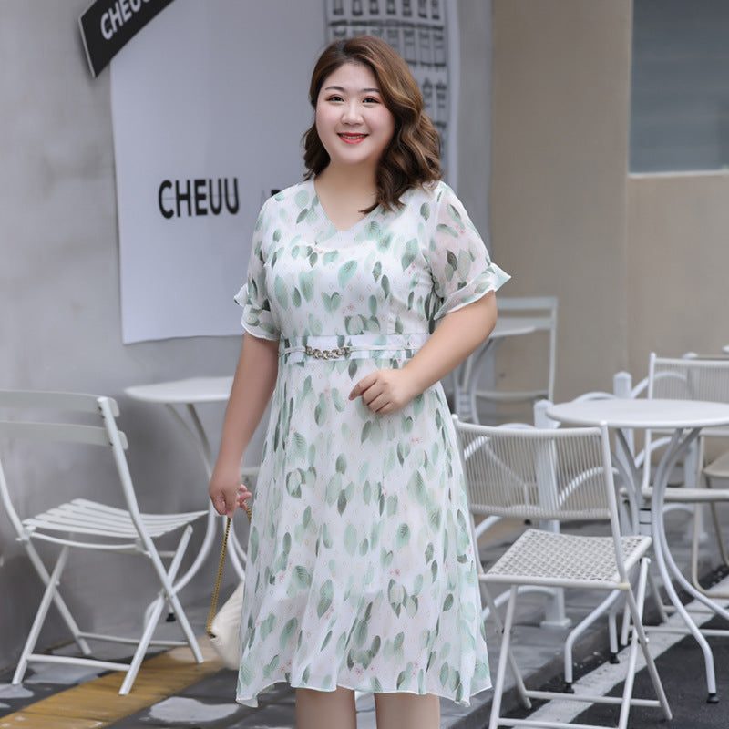 (XL-7XL) Plus Size Leaf Chiffon Midi Dress (EXTRA BIG SIZE)