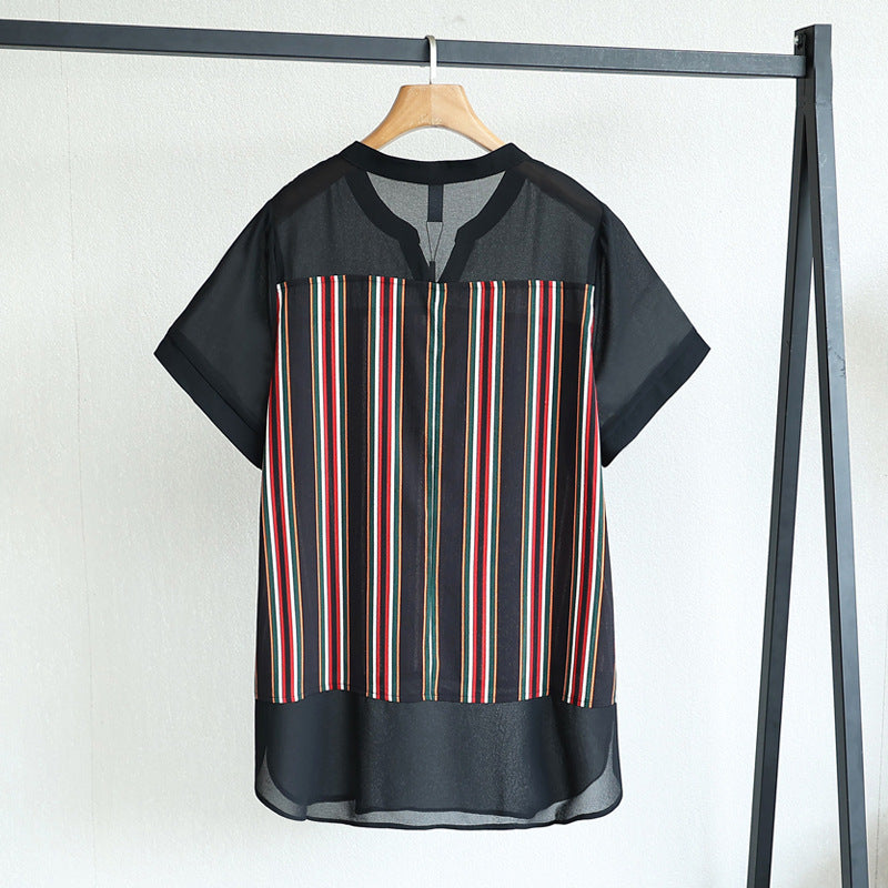 (4XL-10XL) Plus Size Stripe Notch Neck Chiffon Blouse (EXTRA BIG SIZE)