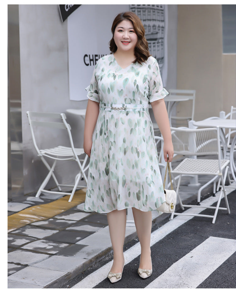 (XL-7XL) Plus Size Leaf Chiffon Midi Dress (EXTRA BIG SIZE)