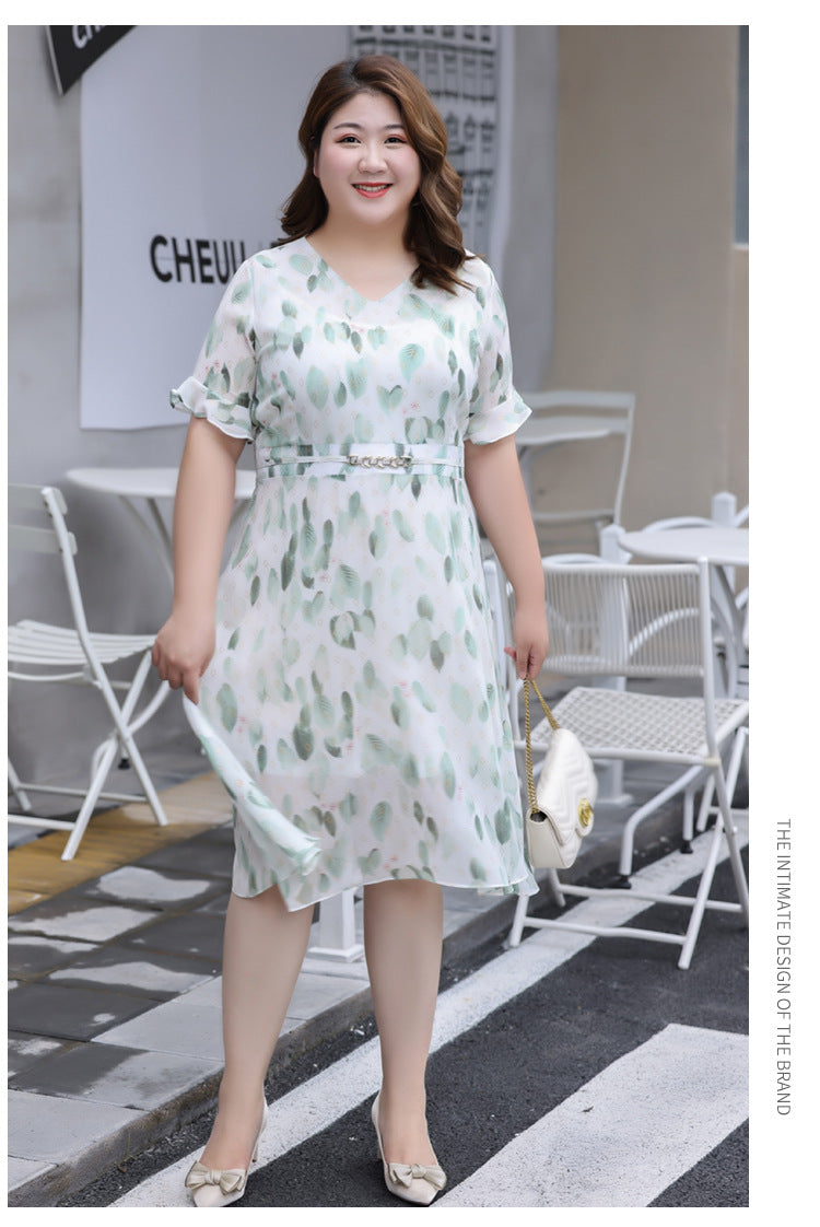 (XL-7XL) Plus Size Leaf Chiffon Midi Dress (EXTRA BIG SIZE)