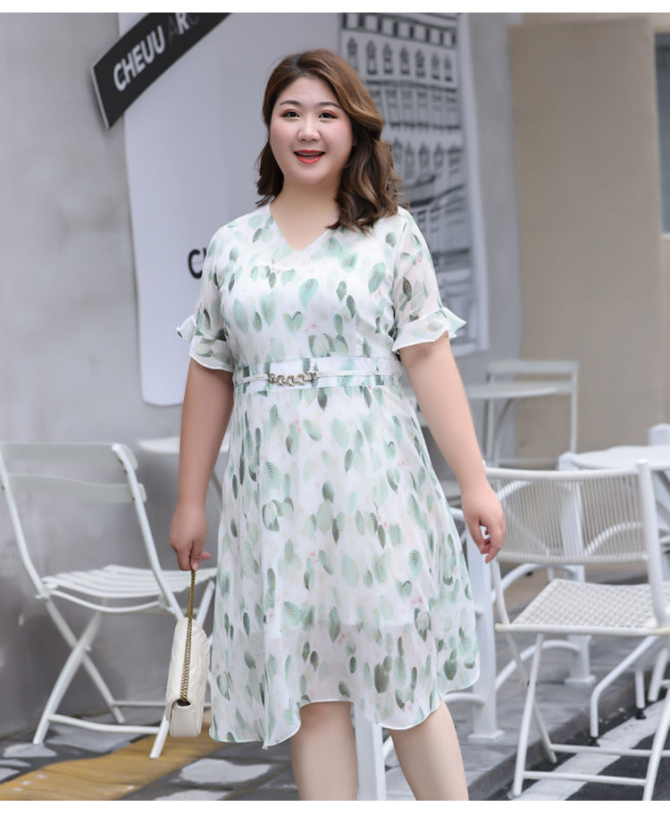 (XL-7XL) Plus Size Leaf Chiffon Midi Dress (EXTRA BIG SIZE)