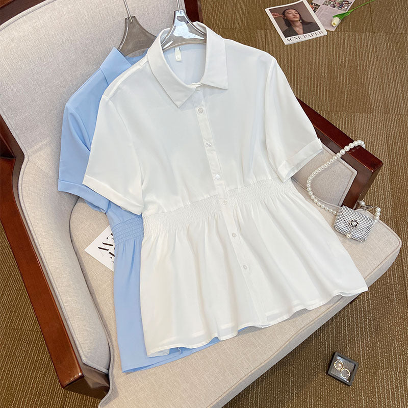 Plus Size Elastic Waist Short Sleeve Work Blouse