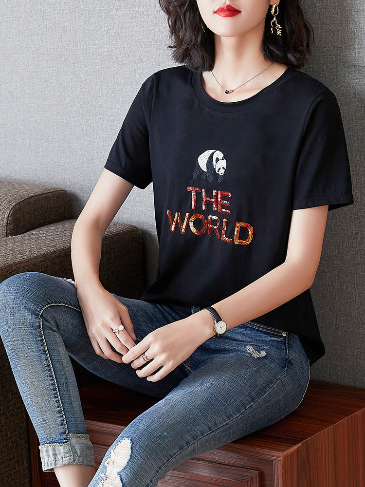 Plus Size Sequin Panda The World T Shirt