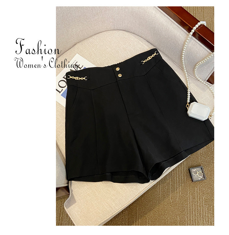 Plus Size Chain Waist Gold Buttons Dressy Shorts