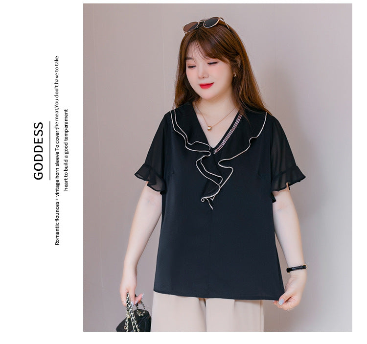 (XL-7XL) Plus Size Black Frill V Neck Chiffon Shirt Blouse (EXTRA BIG SIZE)