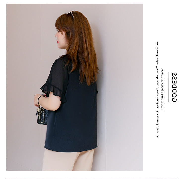 (XL-7XL) Plus Size Black Frill V Neck Chiffon Shirt Blouse (EXTRA BIG SIZE)
