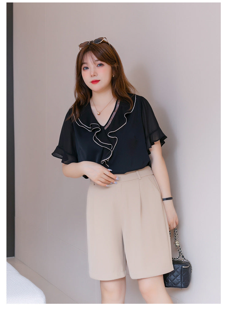 (XL-7XL) Plus Size Black Frill V Neck Chiffon Shirt Blouse (EXTRA BIG SIZE)