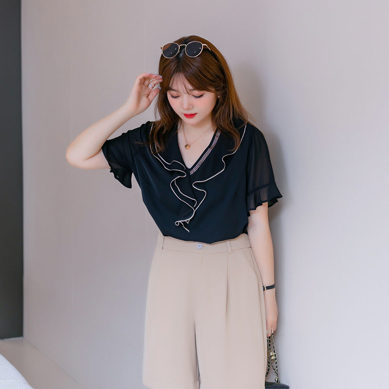 (XL-7XL) Plus Size Black Frill V Neck Chiffon Shirt Blouse (EXTRA BIG SIZE)