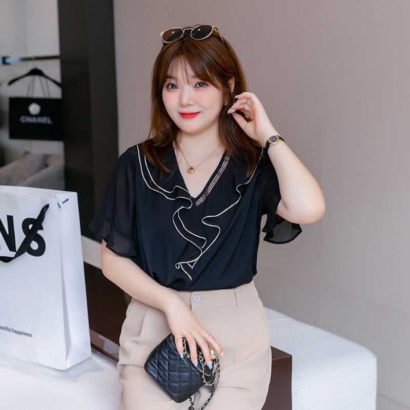 (XL-7XL) Plus Size Black Frill V Neck Chiffon Shirt Blouse (EXTRA BIG SIZE)