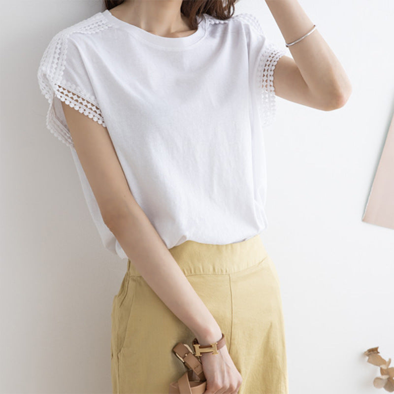 Plus Size Cotton Lace Short Sleeve T Shirt