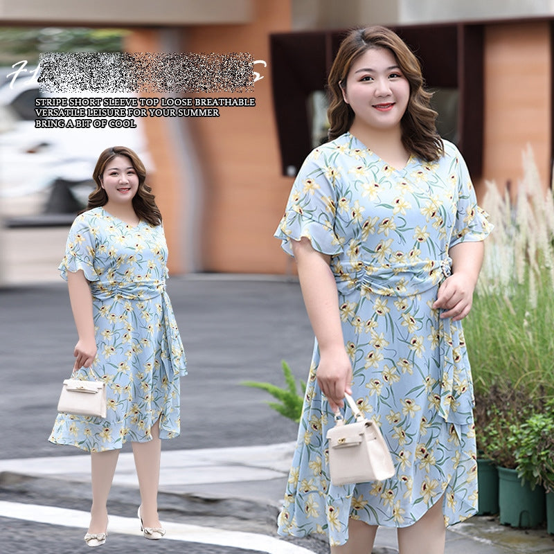 (XL-7XL) Plus Size Blue Floral Drape Dress (EXTRA BIG SIZE)