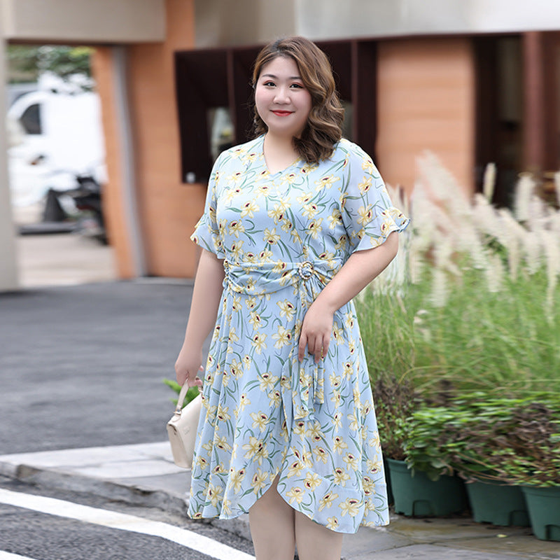 (XL-7XL) Plus Size Blue Floral Drape Dress (EXTRA BIG SIZE)