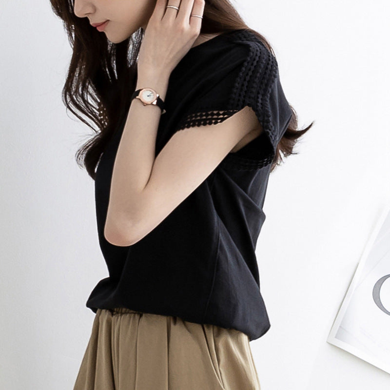 Plus Size Cotton Lace Short Sleeve T Shirt