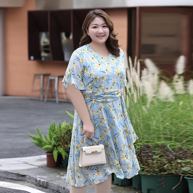 (XL-7XL) Plus Size Blue Floral Drape Dress (EXTRA BIG SIZE)