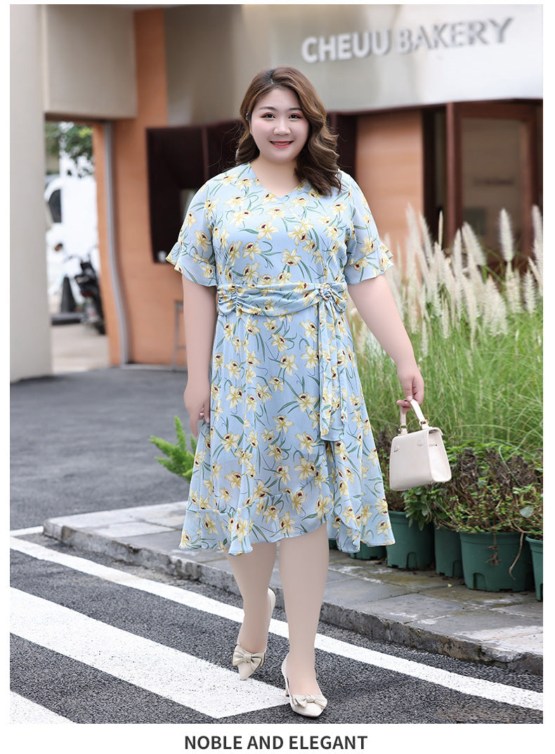 (XL-7XL) Plus Size Blue Floral Drape Dress (EXTRA BIG SIZE)