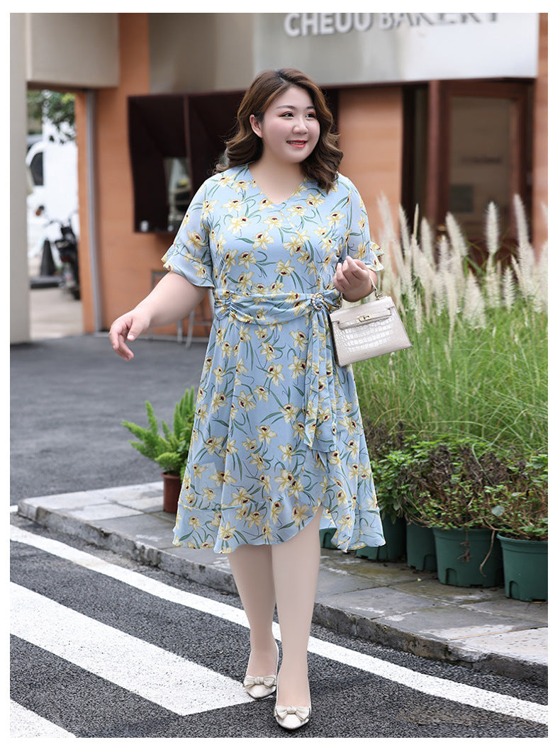 (XL-7XL) Plus Size Blue Floral Drape Dress (EXTRA BIG SIZE)