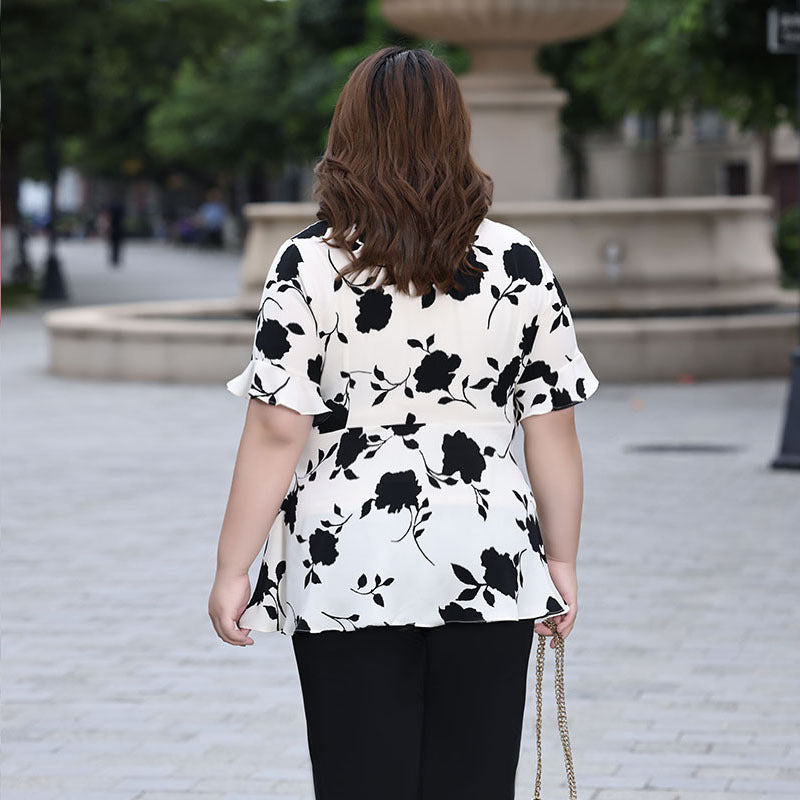 (XL-7XL) Plus Size Monochrome Floral Wrap Chiffon Blouse (EXTRA BIG SIZE)