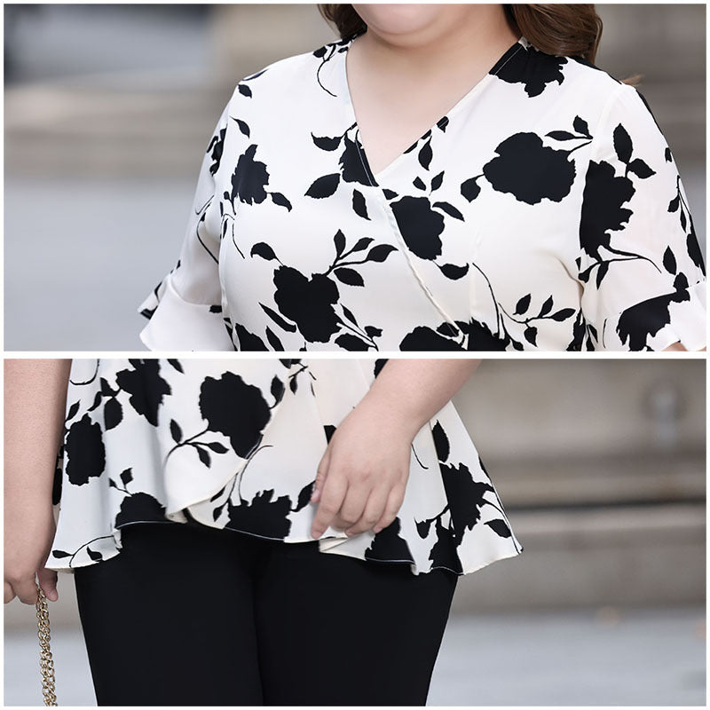 (XL-7XL) Plus Size Monochrome Floral Wrap Chiffon Blouse (EXTRA BIG SIZE)