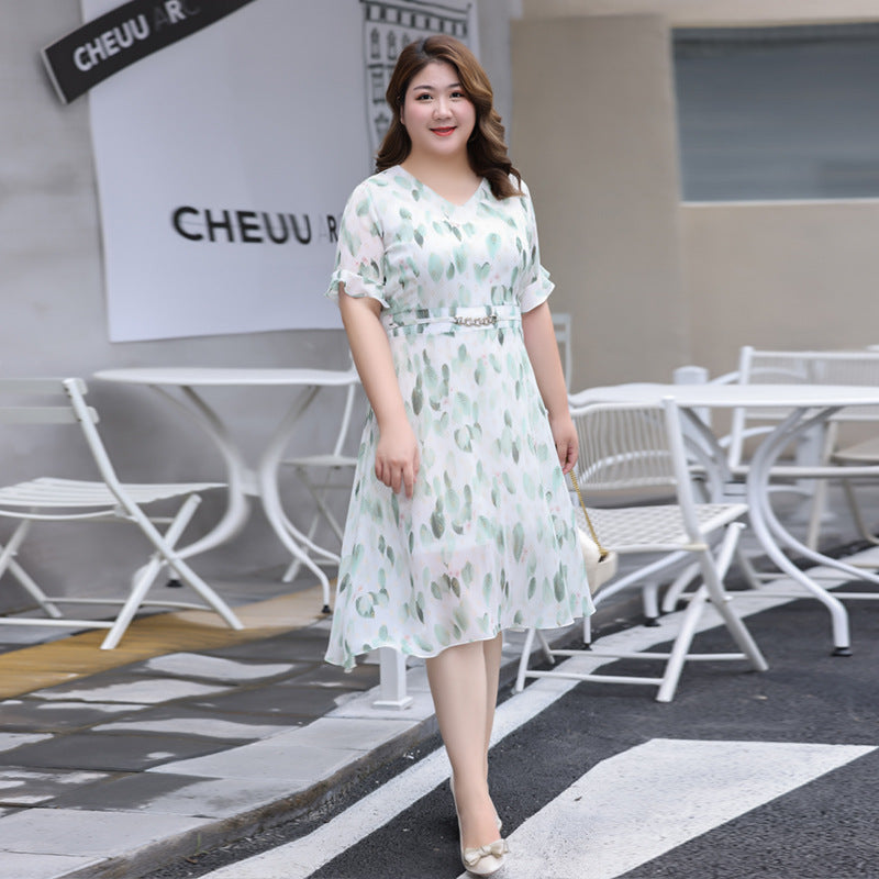 (XL-7XL) Plus Size Leaf Chiffon Midi Dress (EXTRA BIG SIZE)