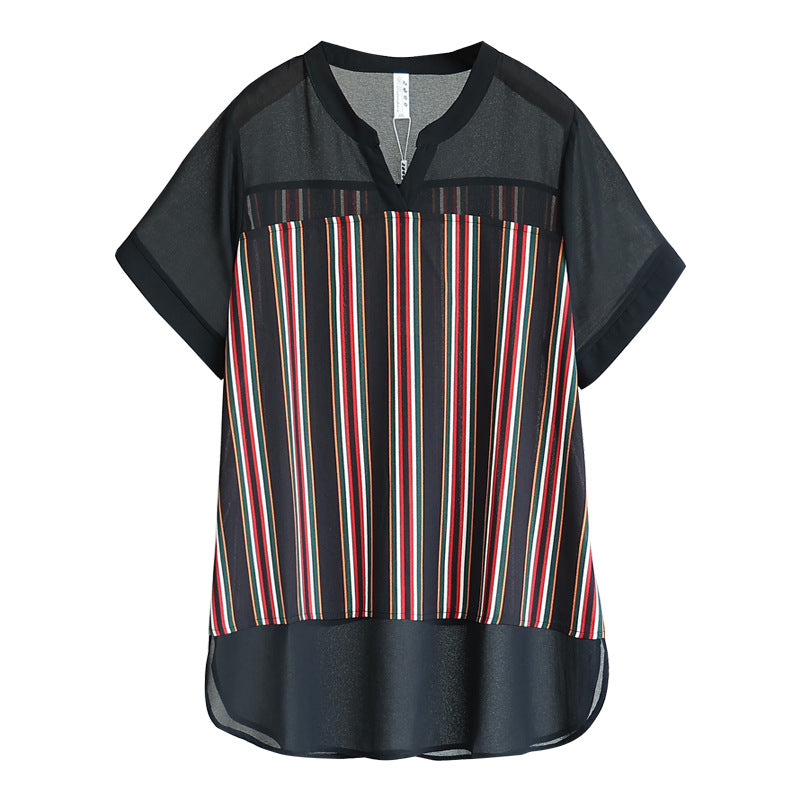 (4XL-10XL) Plus Size Stripe Notch Neck Chiffon Blouse (EXTRA BIG SIZE)