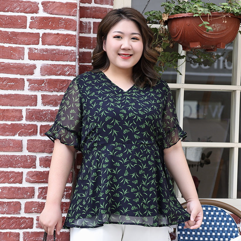 Plus Size Fern V Neck Bell Sleeve Chiffon Top (EXTRA BIG SIZE)