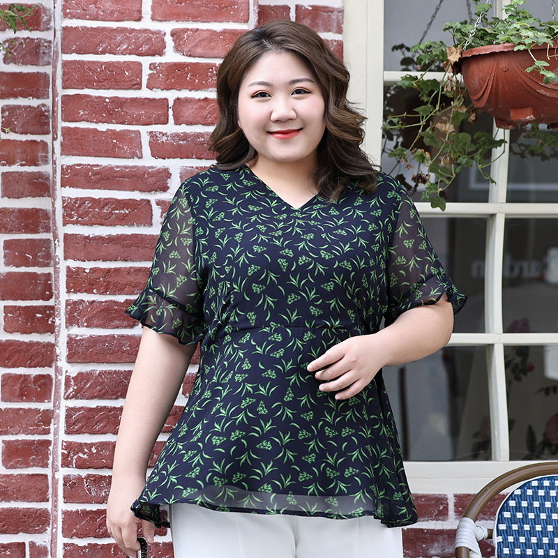 Plus Size Fern V Neck Bell Sleeve Chiffon Top (EXTRA BIG SIZE)
