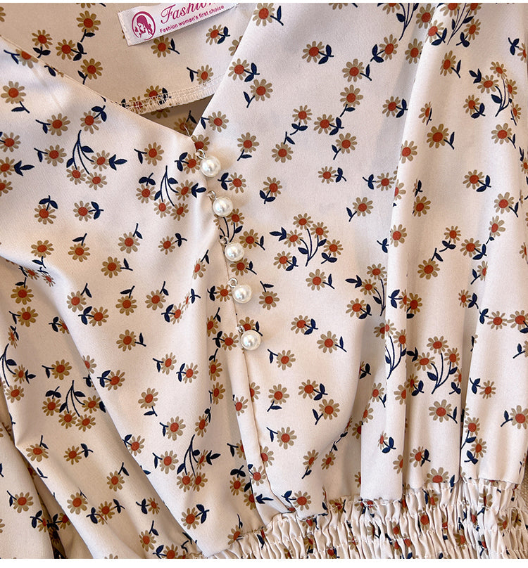 Plus Size Korean Floral V Neck Peplum Long Sleeve Top