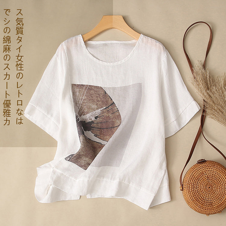 Plus Size Cotton Linen Graphic Blouse
