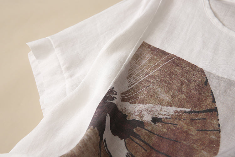 Plus Size Cotton Linen Graphic Blouse
