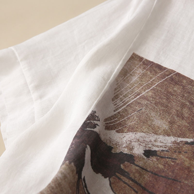 Plus Size Cotton Linen Graphic Blouse