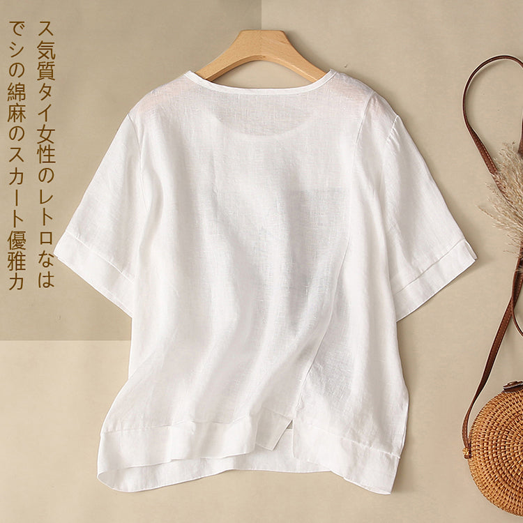 Plus Size Cotton Linen Graphic Blouse