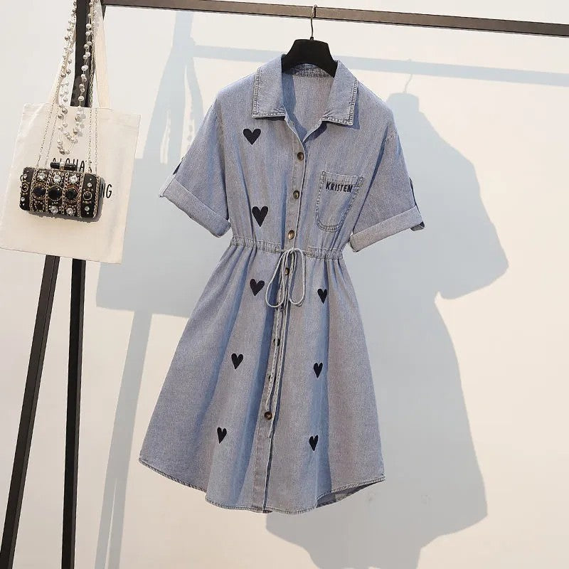 Plus Size Hearts Denim Shirt Dress