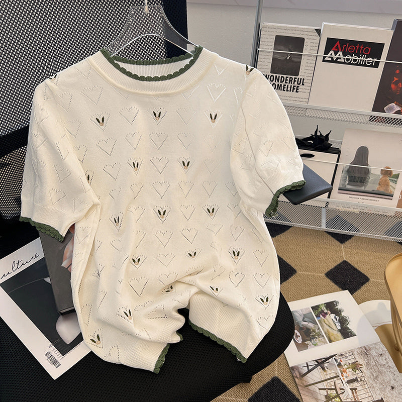 Plus Size Korean Heart Bunny Pointelle Knit Blouse