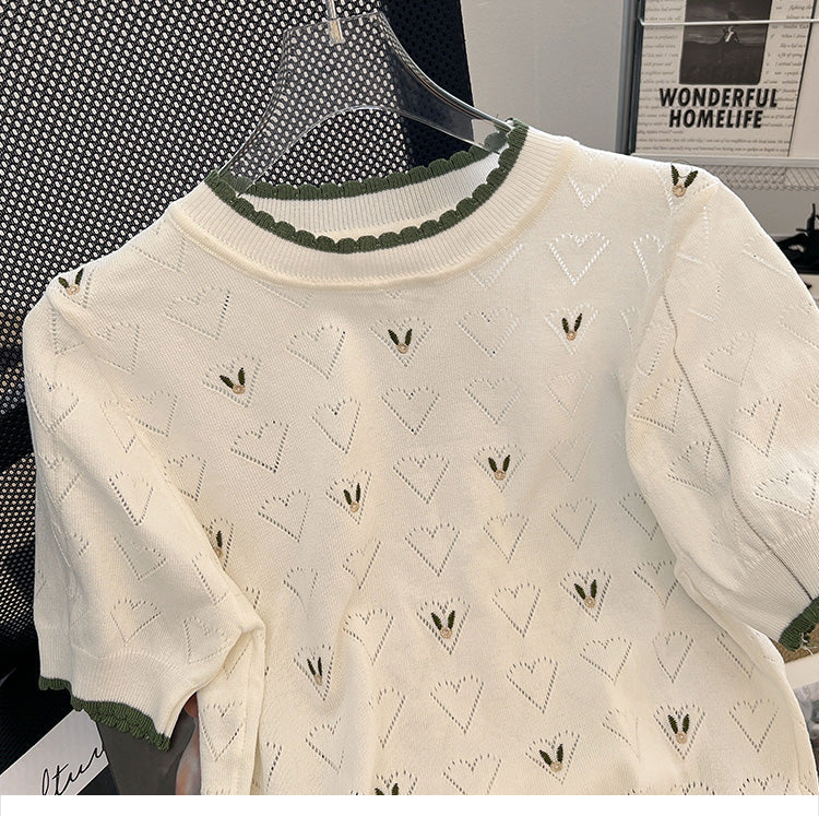 Plus Size Korean Heart Bunny Pointelle Knit Blouse